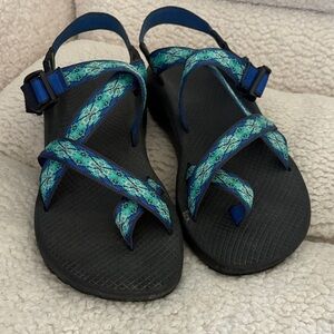 Chaco Women's Black Sandals with Teal & Blue Patterned Straps